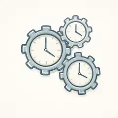Interconnected clock gears on a soft neutral background, representing multiple processes happening at the same time and overlapping timelines.