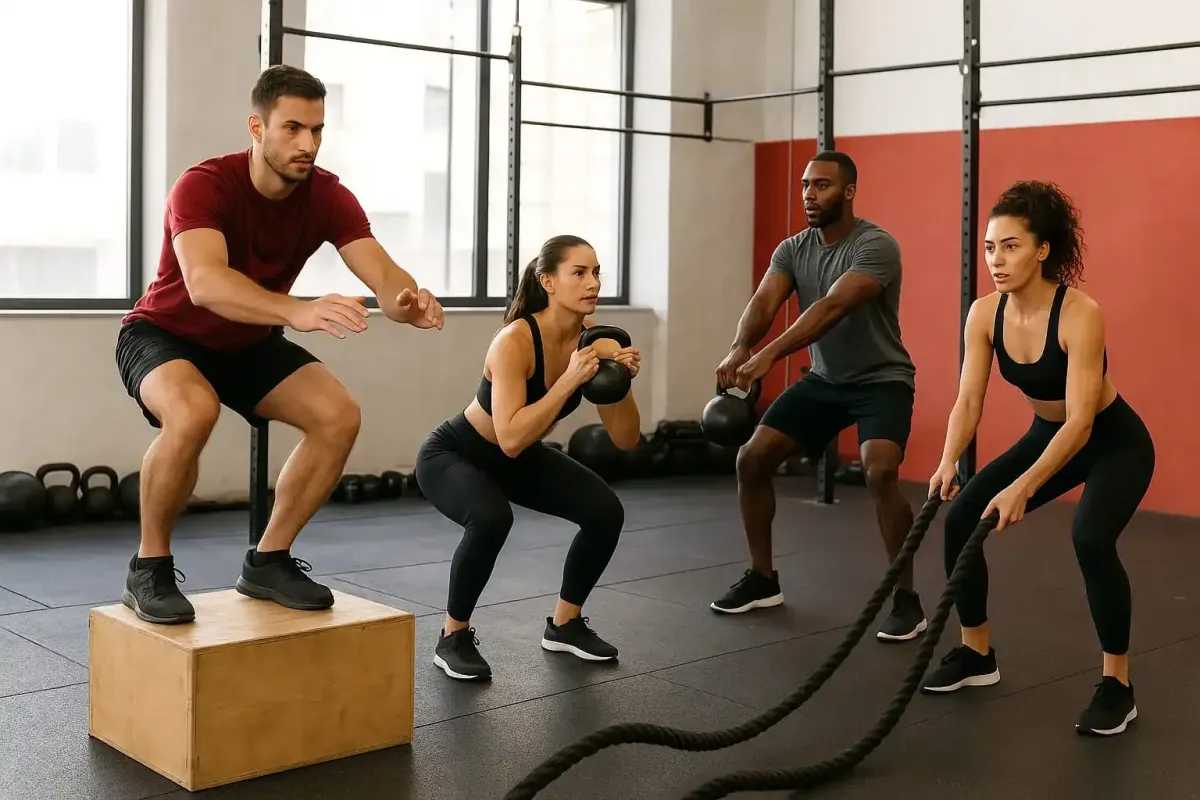 Group of men and women doing HIIT workout in a gym, strength and cardio training with kettlebells and battle ropes for weight loss and fitness.