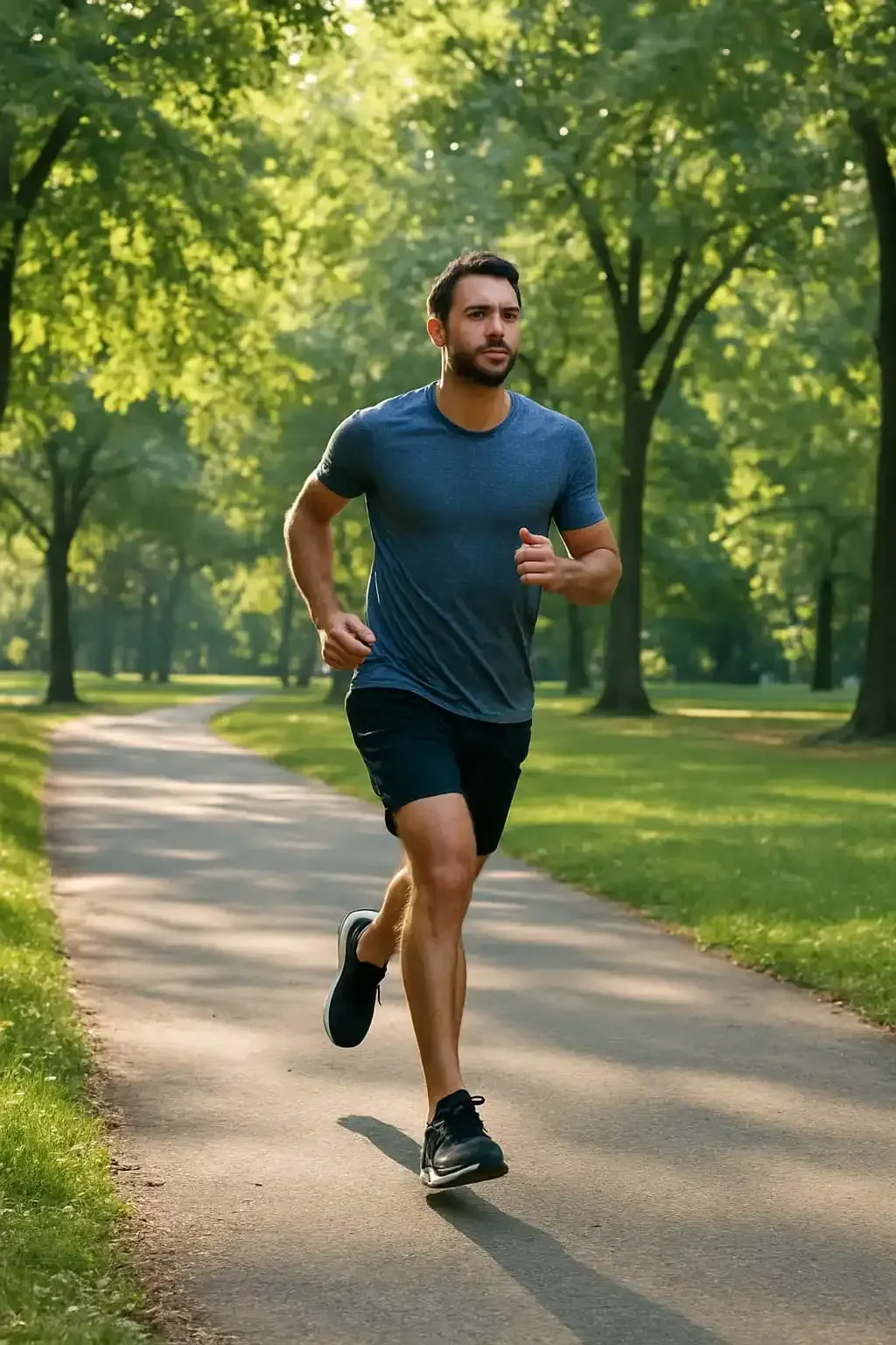 Man jogging on a park pathway surrounded by green trees, wearing sportswear and running outdoors for fitness and weight loss