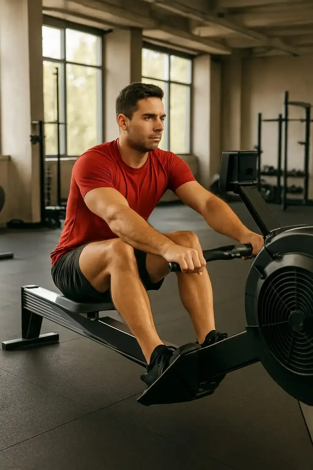 Man performing indoor rowing exercise on a rowing machine at a modern gym, full body cardio workout for weight loss, strength training, and fitness endurance.