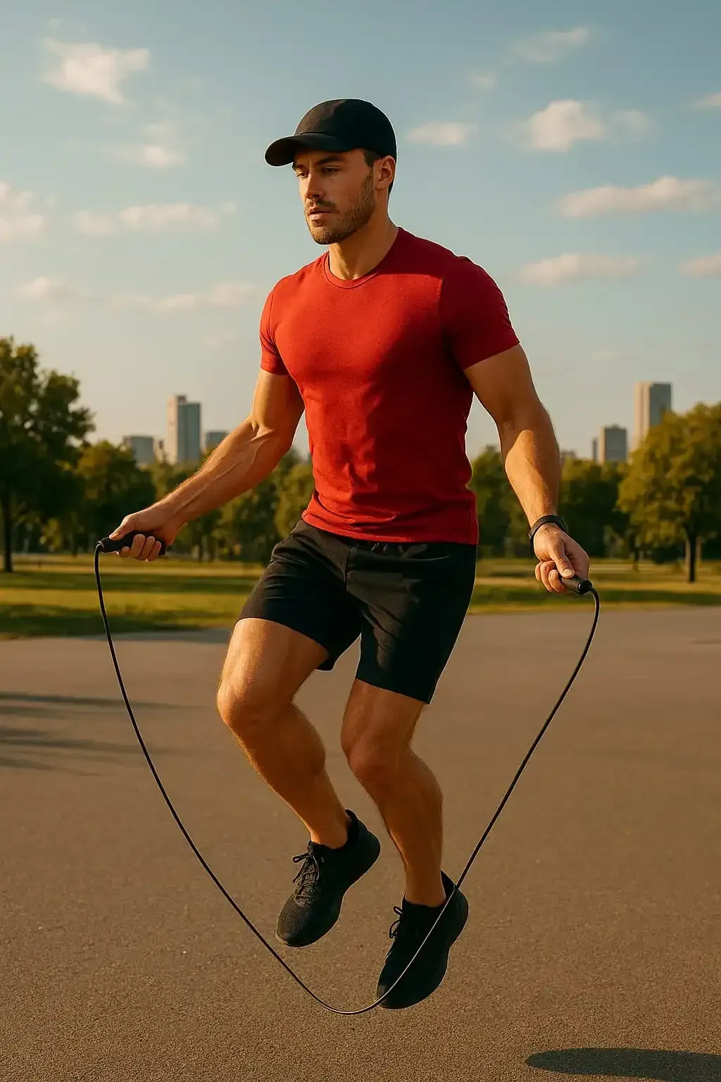 Man doing jump rope exercise outdoors in a park, cardio workout for fat burning, weight loss, and full body fitness training.
