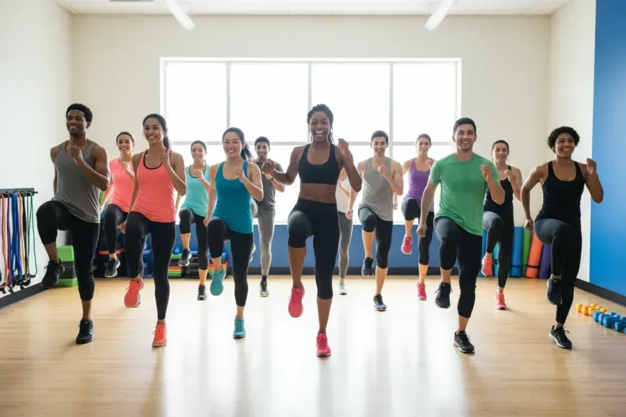 Group fitness class with diverse adults doing high knees, bright gym, motivational atmosphere, 3:2 aspect ratio