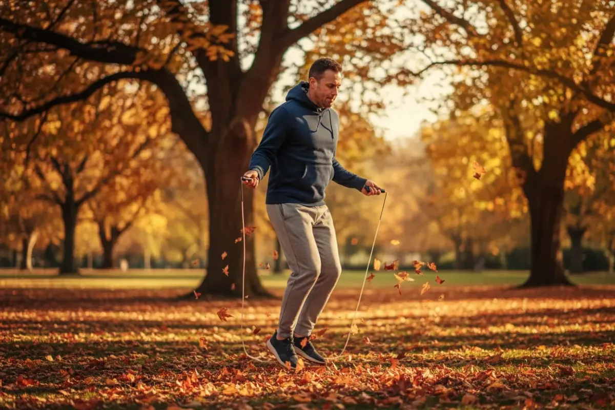 Man jumping rope in a park, focused expression, autumn leaves, casual sportswear, 3:2 aspect ratio