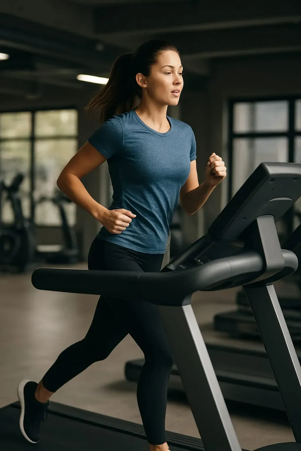 Woman running on a treadmill in a gym, indoor cardio workout for weight loss, fitness training, and healthy lifestyle.