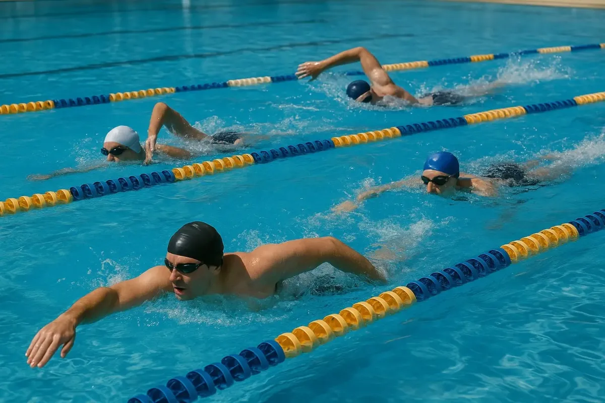 People swimming freestyle laps in a public pool, full body cardio workout for fitness, endurance, and weight loss training.