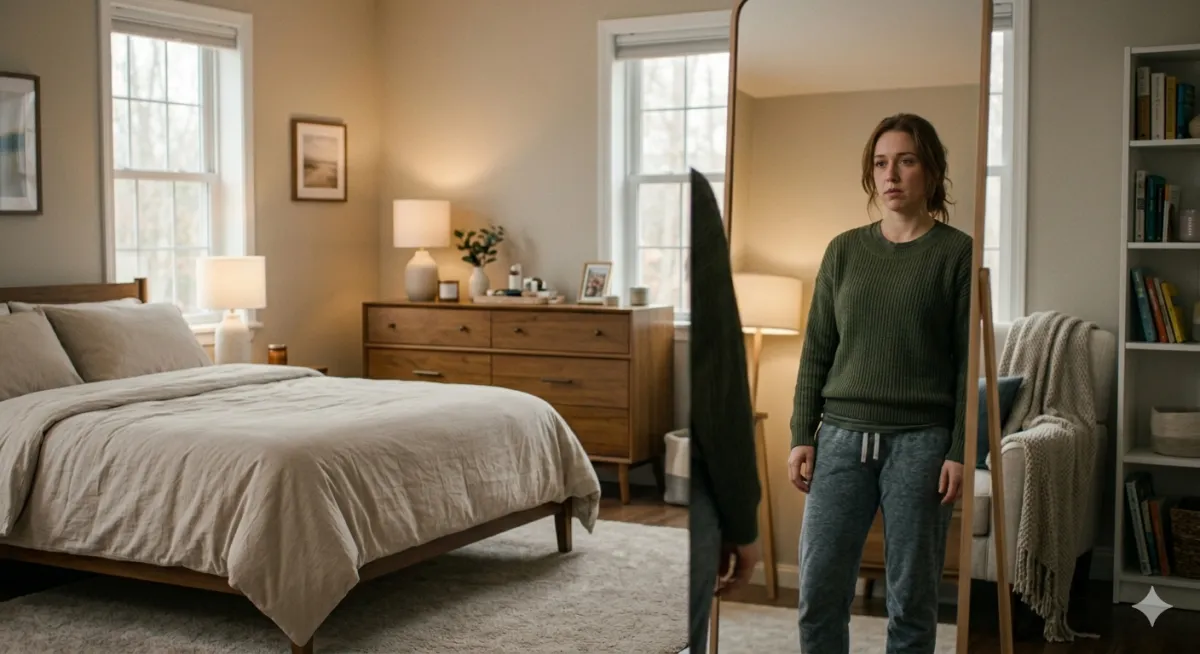 women standing frontof mirror