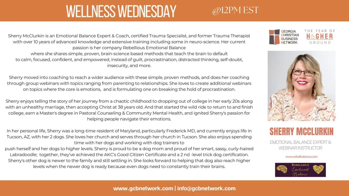 Sherry's bio, Featured Speaker, GCBN Wellness Wednesday