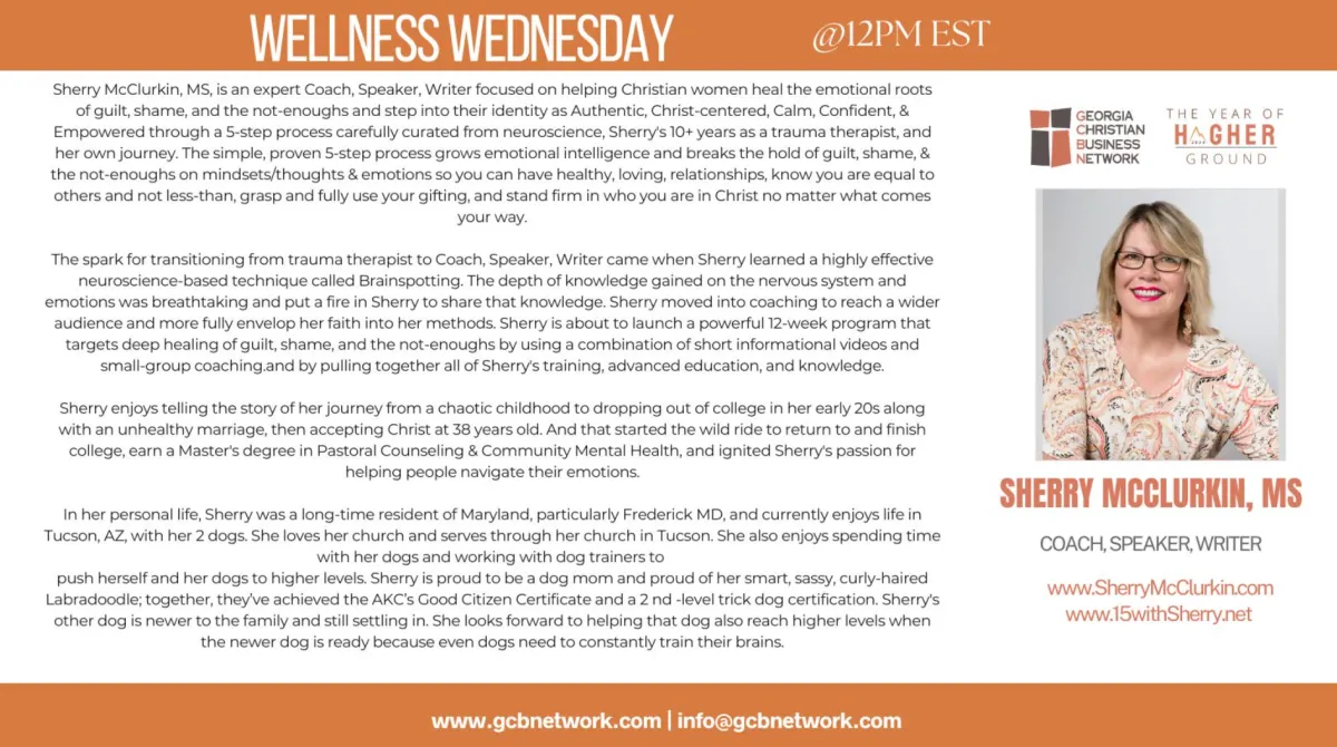 Sherry's bio, Featured Speaker, GCBN Wellness Wednesday