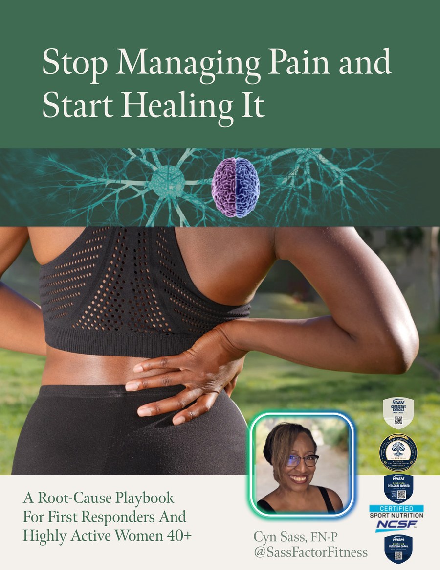Mockup of an e-book cover titled 'Stop Managing Pain and Start Healing It', featuring a woman stretching outdoors, cellular graphics, and author headshot.