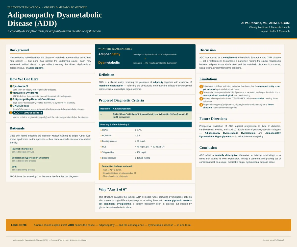 Adiposopathy Dysmetabolic Disease (ADD): A Proposed Framework for Metabolic Dysfunction