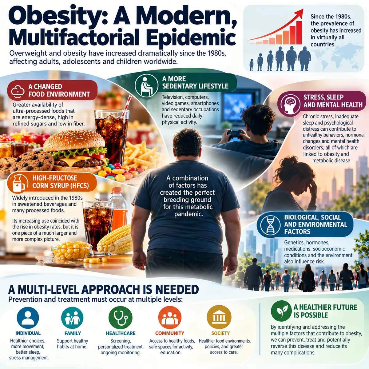 Educational poster explaining obesity as a modern multifactorial disease.”