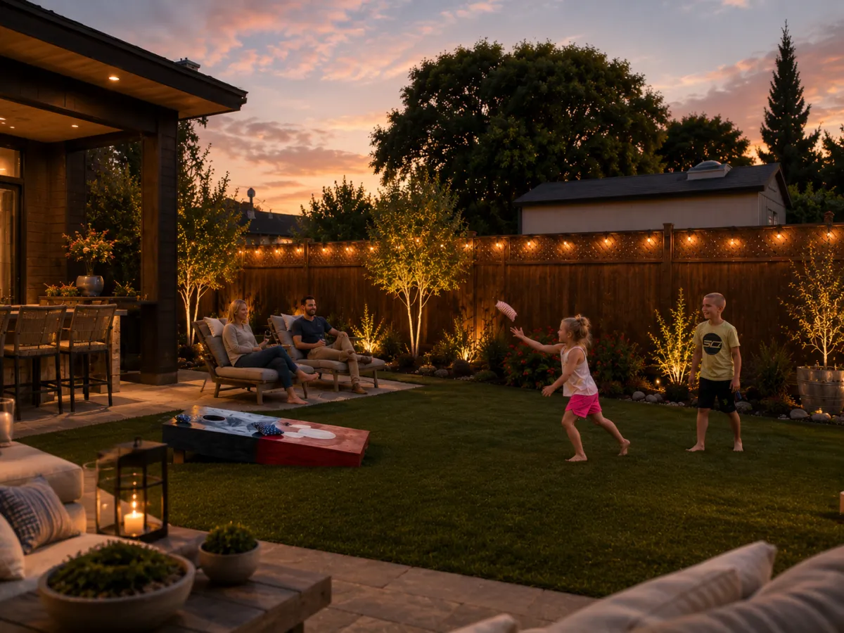 An outdoor space created by pavers and turf.