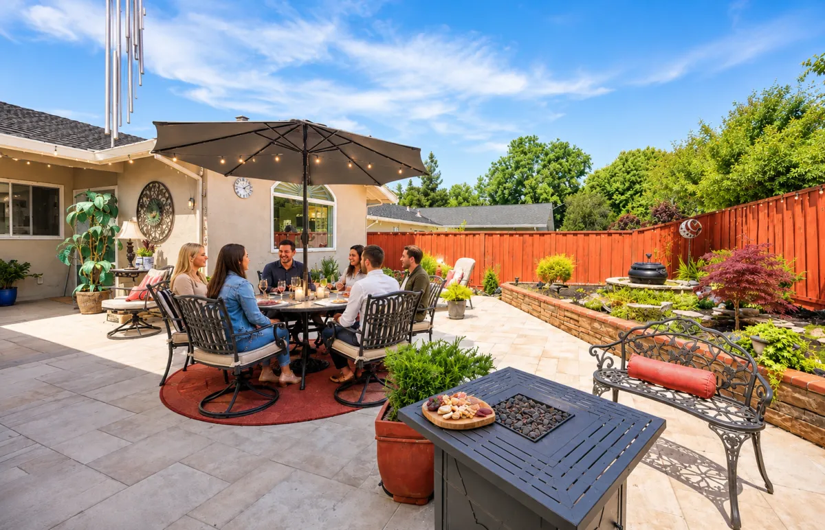 Backyard designed with decking, pavers, walls, and lighting.