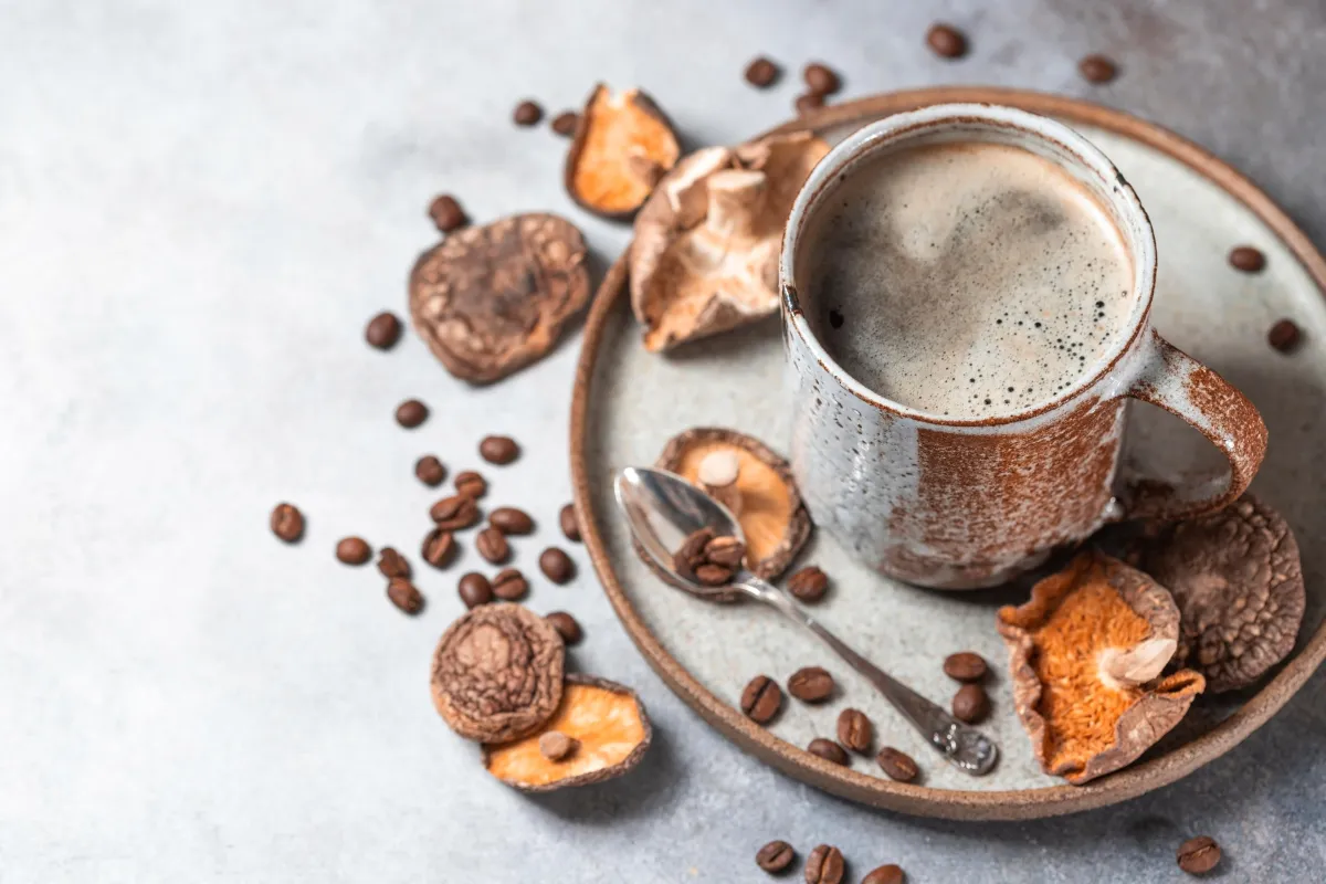 Professional mushroom coffee bar setup for a corporate wellness event in a modern NYC office.