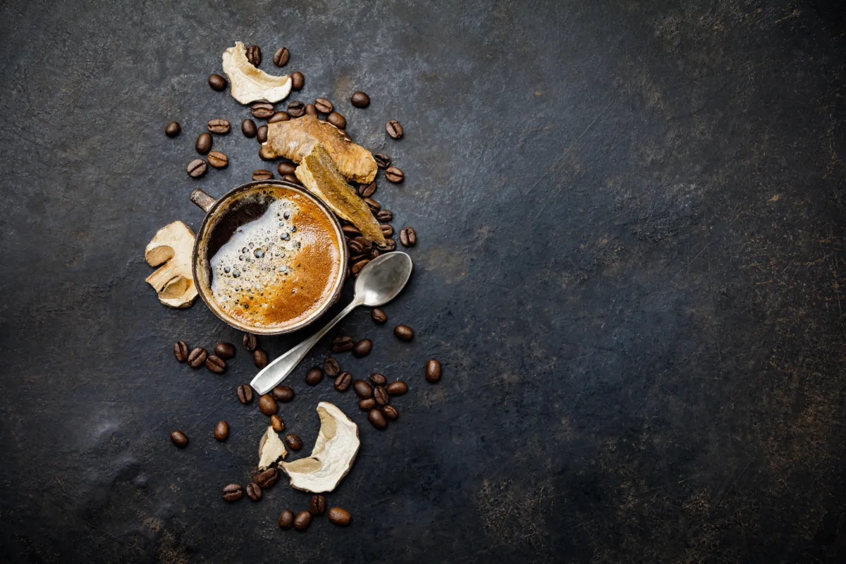Professional mushroom coffee bar setup for a corporate wellness event in a modern NYC office.