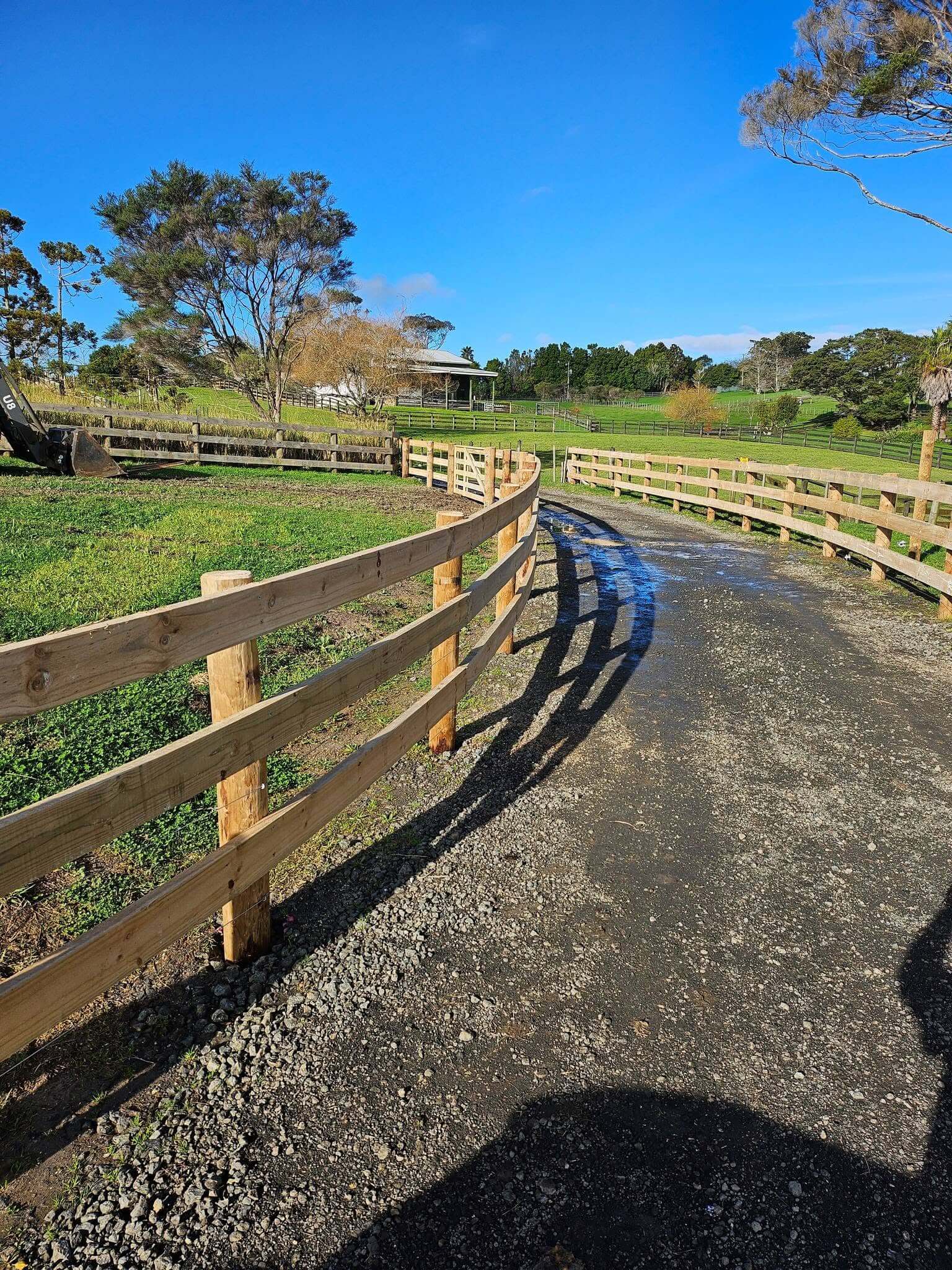 Post and rail fencing along rural driveway in Auckland