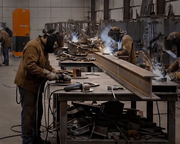 A clean weld shop with workers cutting and welding at workstations and a KEMPER AirDome in the background