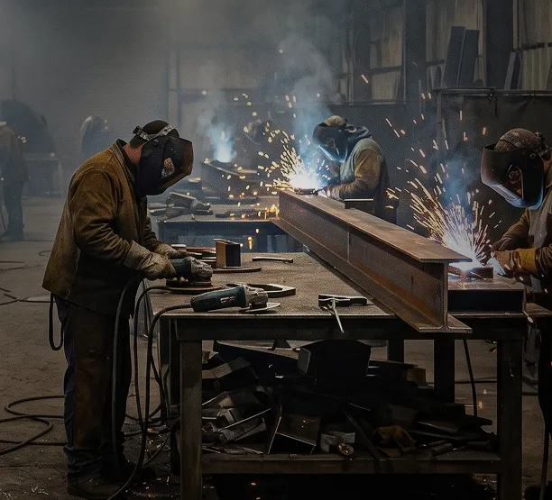 A moderately hazy weld shop with workers cutting and welding at workstations