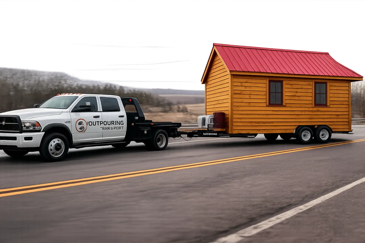 Modern tiny home being transported on a trailer