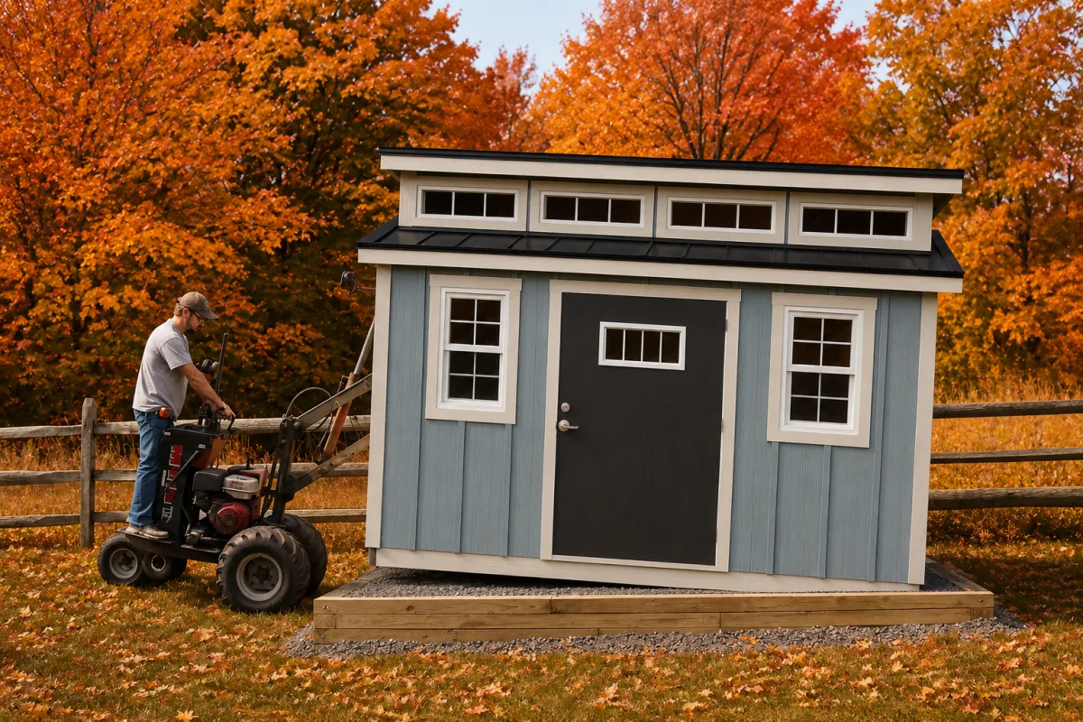 Portable office building loaded on a truck at sunrise