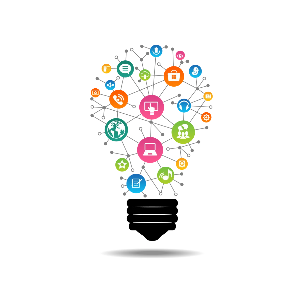  Lightbulb-shaped graphic illustrating creative logo design concepts, interconnected with vibrant, colorful icons representing branding, networking, technology, communication, social media, innovation, and global connectivity.