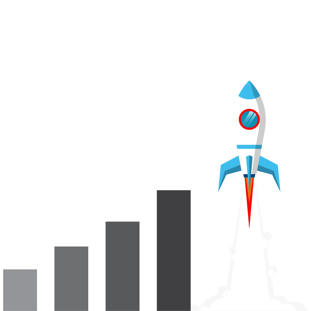Rocket launching upward beside a bar chart, visually representing digital marketing growth, business performance metrics, startup scalability, and high-ROI marketing strategies for small businesses.