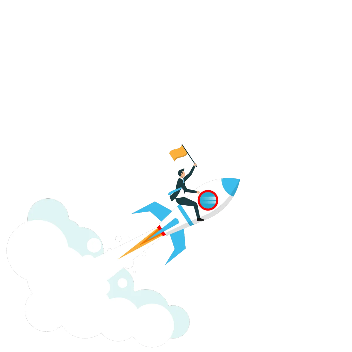 Illustration of a business startup concept with an entrepreneur riding a rocket, symbolizing small business growth, startup acceleration, innovative business solutions, and brand launch strategies for entrepreneurs.