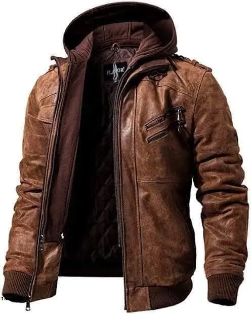 Men' Brown Leather Jacket Hoodie