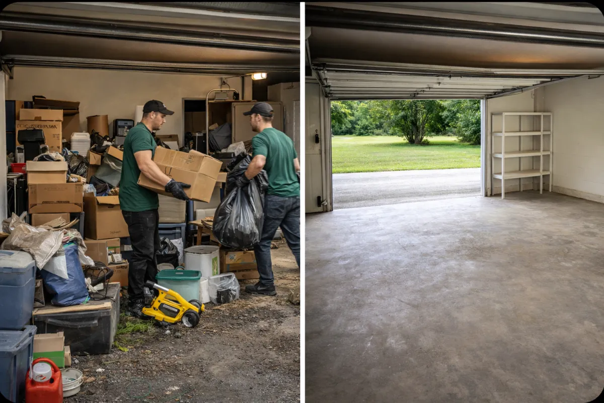 Garage cleanout team loading clutter into a truck with homeowner observing