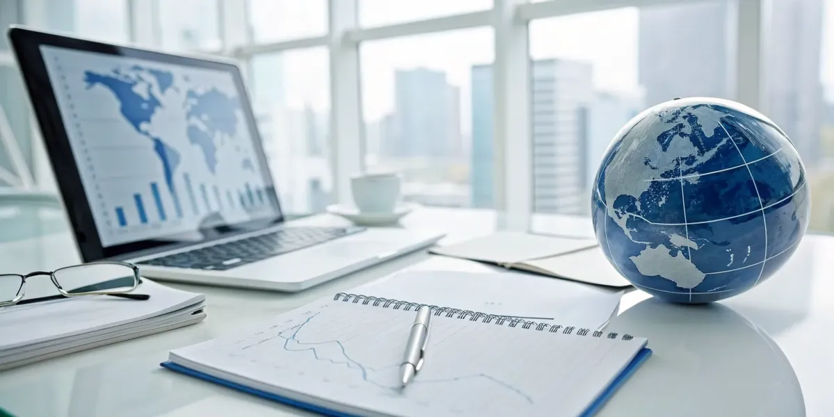 A laptop on a desk with documents for business continuity planning (BCP).