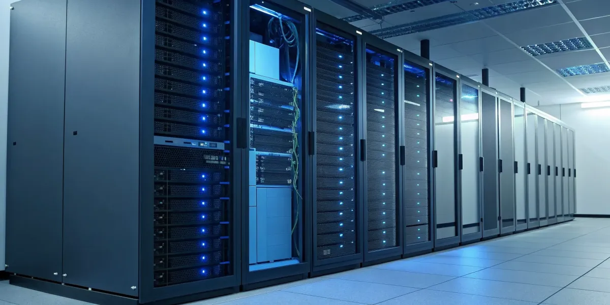 A data center with server racks for the best cloud hosting providers.