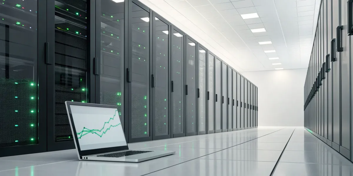 A laptop monitoring a website for better uptime in a modern server room.