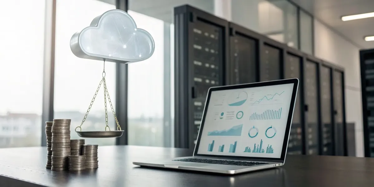 A laptop displaying charts on cloud hosting price, next to a cloud icon and stacks of coins.