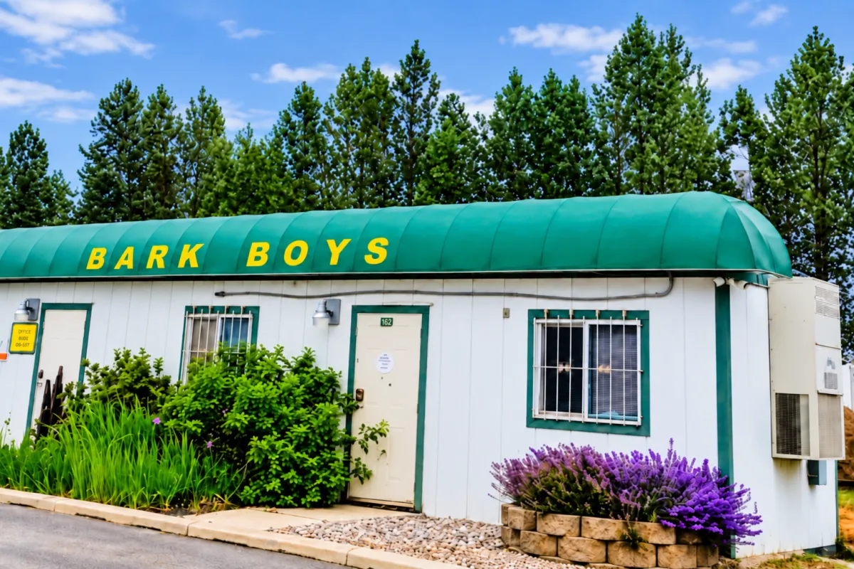 Bark Boys Landscape Supplies office exterior in Mead, WA with green awning, storefront entrance, and landscaping in front