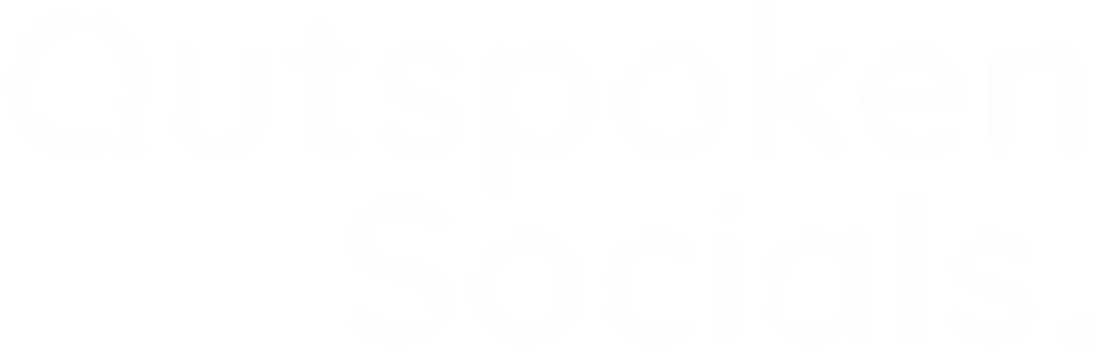 Logo for Outspoken Socials. The word "Outspoken" is written in dark blue with a pink speech bubble forming the letter "O". The word "Socials" appears underneath in dark blue, ending with a pink full stop.