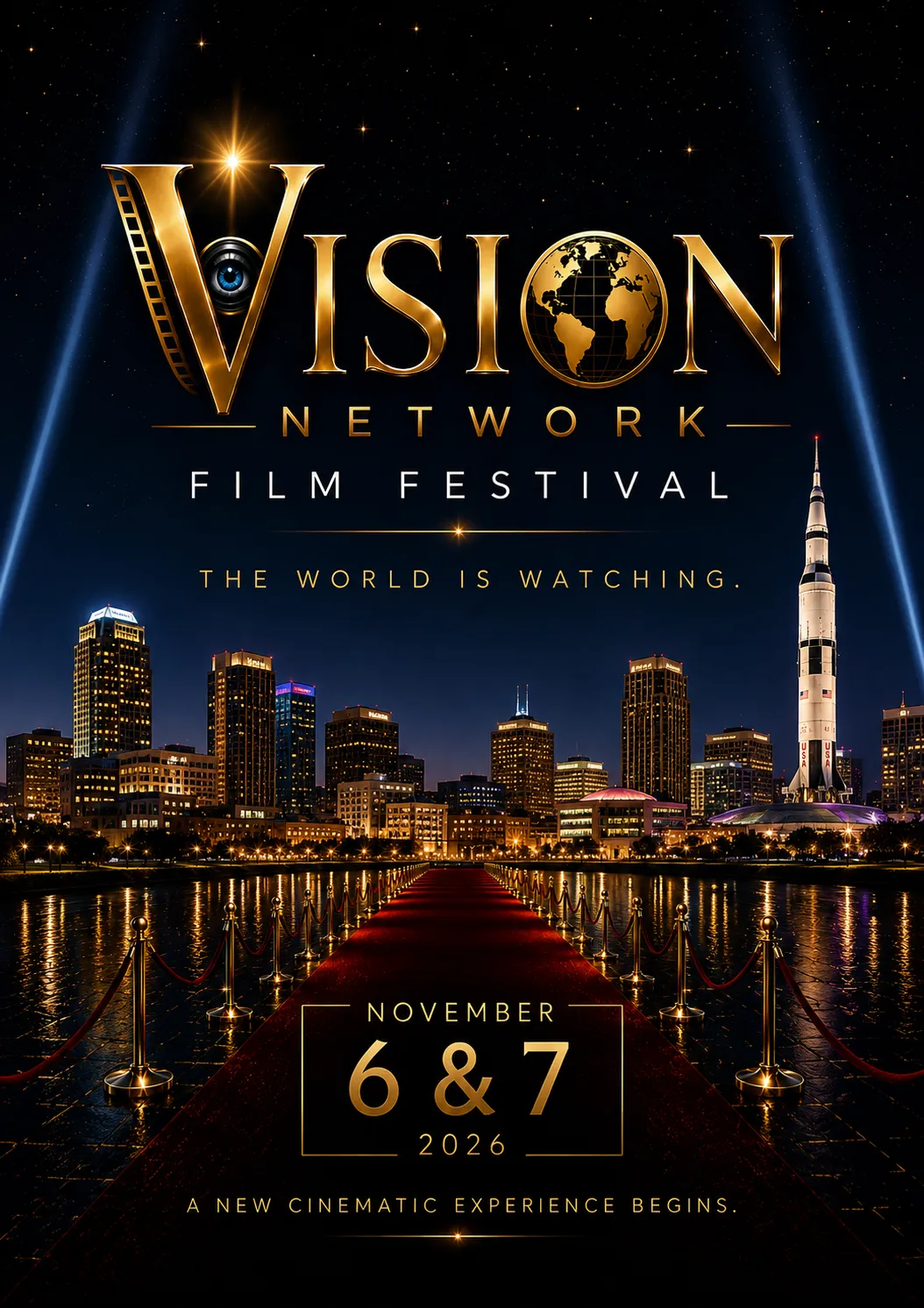 Vision Film Festival promotional artwork for November 6–7, 2026 at VBC Playhouse in Huntsville, Alabama