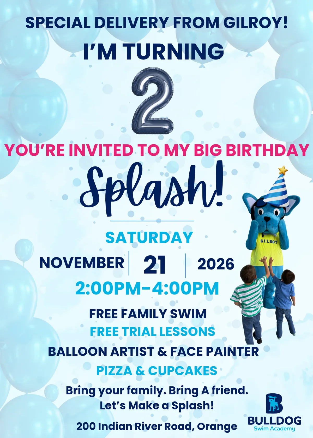 Gilroy's second birthday invitation. November 21, 2–4 p.m., Bulldog Swim Academy Orange. Details and RSVP follow.