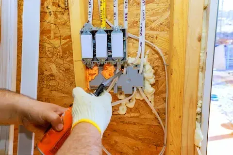 Gloved hand trimming expanding foam sealant around electrical boxes and wiring on an OSB wall in Perth Amboy