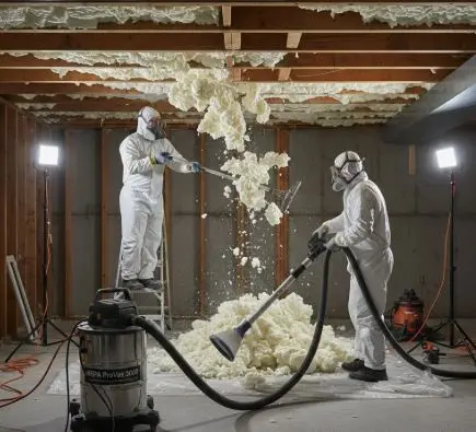 Two technicians in protective suits scraping and vacuuming old spray foam from basement ceiling joists in Perth Amboy