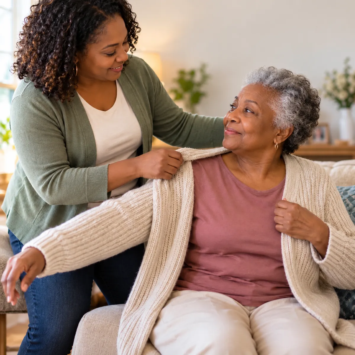A daughter helping her mother put on a cardigan at home