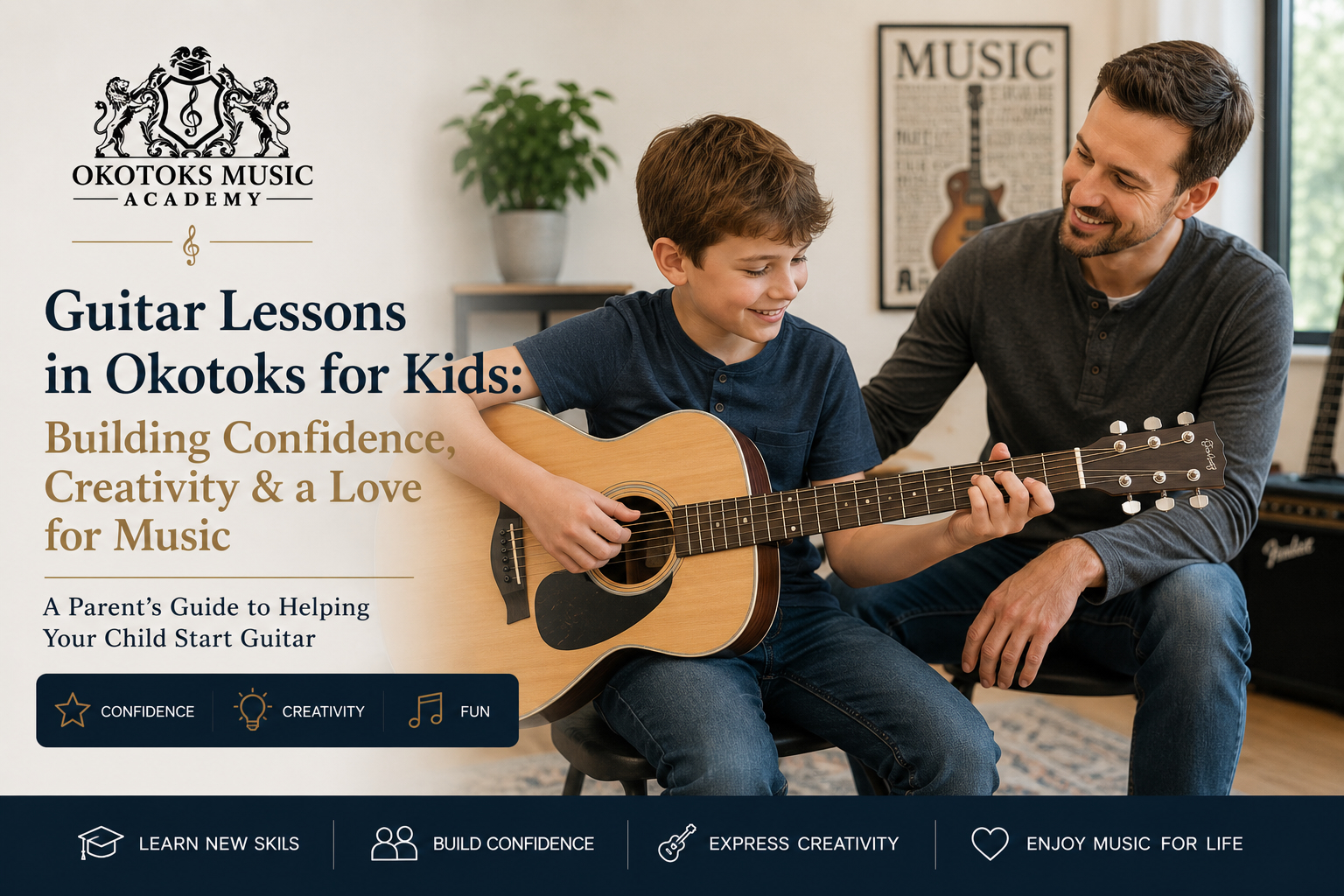 Child learning guitar with a private guitar teacher at Okotoks Music Academy