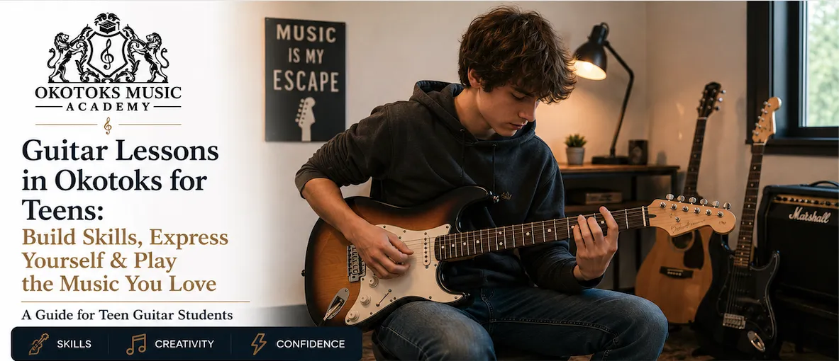 Teen learning electric guitar in a private lesson at Okotoks Music Academy