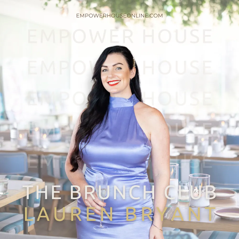 The Brunch Club host Lauren Bryant wears a purple satin dress and red lipstick.