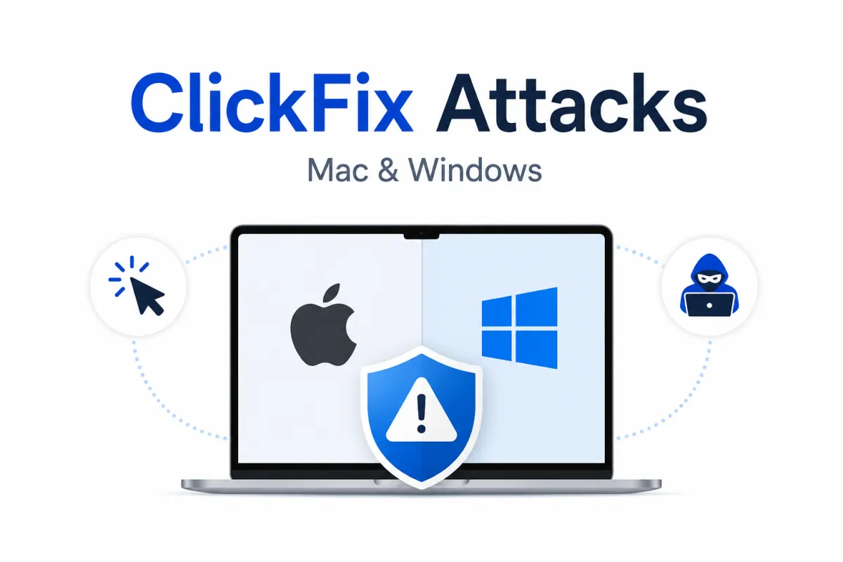 ClickFix attacks targeting Mac and Windows users with cybersecurity warning, laptop protection shield, and cross-platform malware threat concept