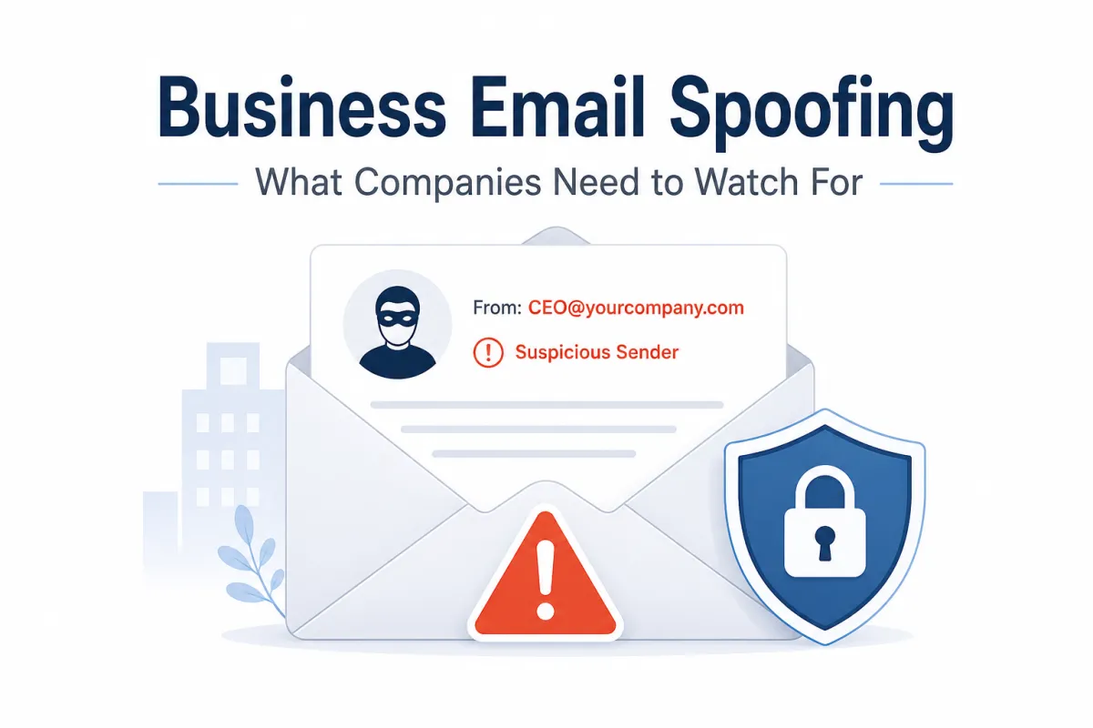 Business email spoofing warning graphic showing a suspicious CEO email, alert symbol, and cybersecurity shield on a clean white background.