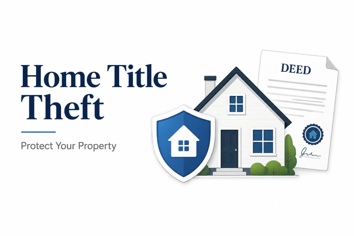 Home title theft and deed fraud protection concept with house, shield, and property deed document
