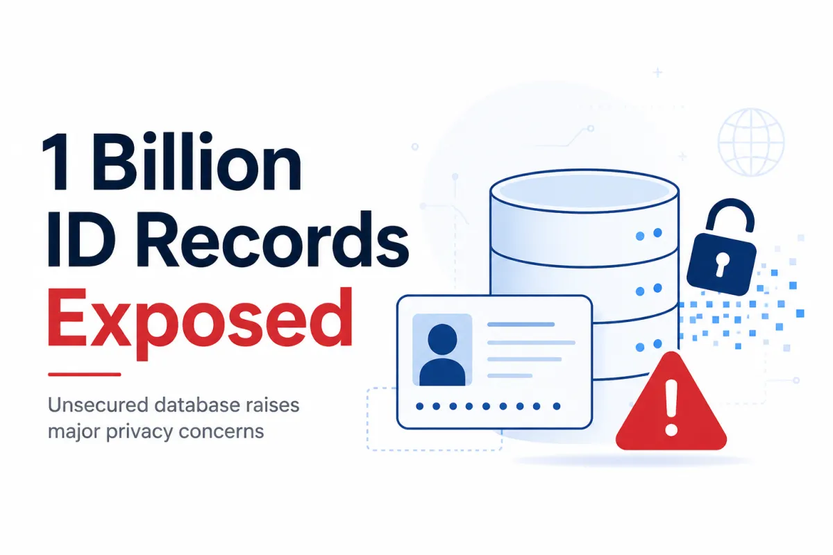 Feature image showing a digital ID card, exposed database, unlocked padlock, and warning symbol representing a major identity verification data leak involving over one billion exposed ID records.