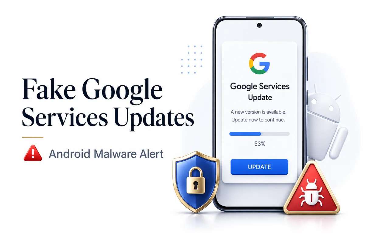 Feature image showing a smartphone with a fake Google Services update alert, warning icons, and Android malware protection graphics.
