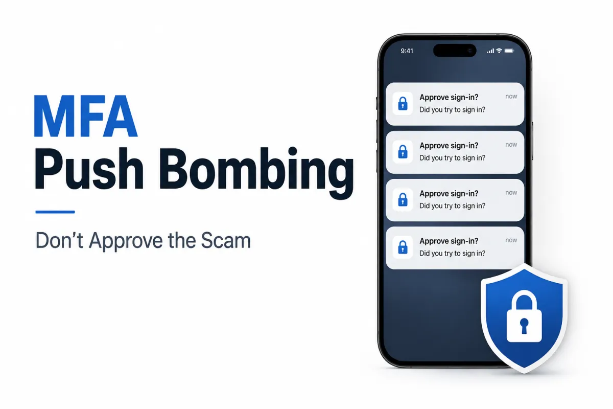 MFA push bombing scam showing repeated sign-in approval notifications on a smartphone with a cybersecurity shield icon.